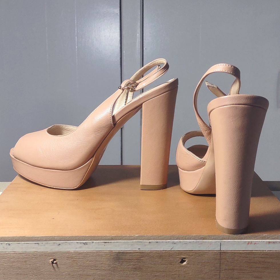 Size 39 (8 1/2) Peach Beige/ Nude Platform Peep Toe Slingbacks